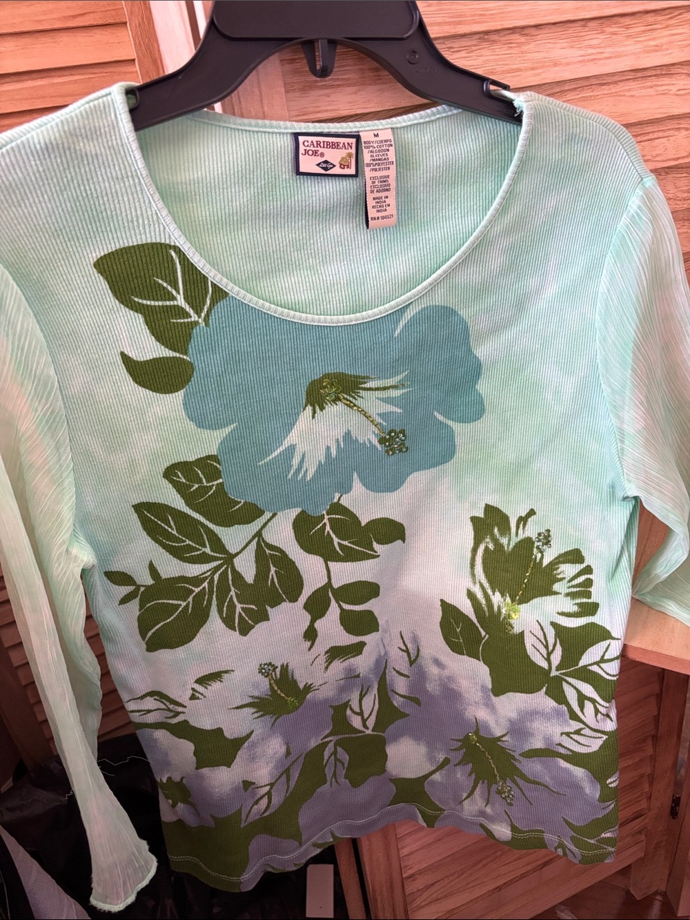 Caribbean Joe Mint Green & Olive Floral Long-Sleeve Tee Medium